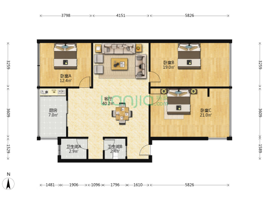 攀枝花大道南段331号 3室1厅2卫 128平方