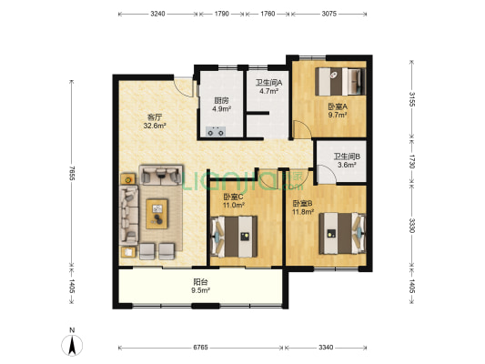 融创城融福园 3室1厅2卫 111平方