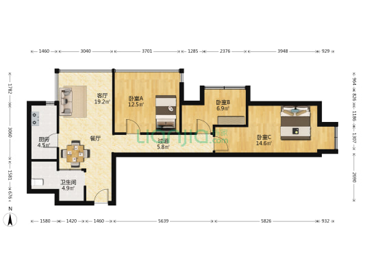 升龙天玺3号院 3室1厅1卫 92平方