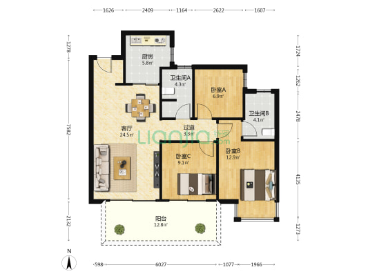 世茂金科博翠江山 3室1厅2卫 96平方