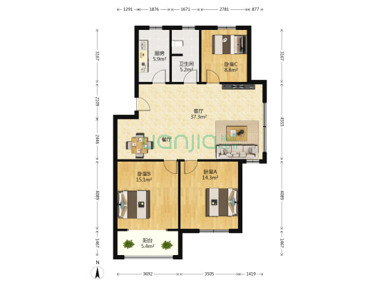 凤凰嗉 3室1厅1卫 113平方