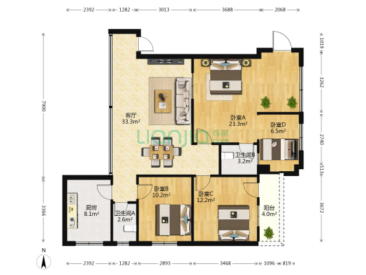 大园路77号 4室1厅2卫 90平方