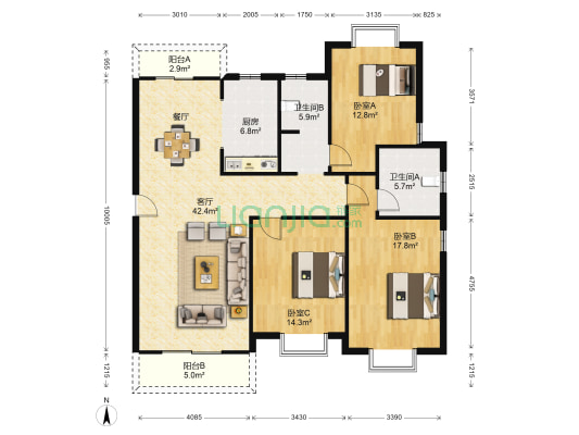 恒盛庄园东区 3室1厅2卫 181平方