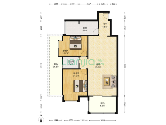 上上城 2室1厅1卫 96平方
