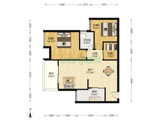 瀛嘉天下水岸国际 3室1厅1卫 88平方