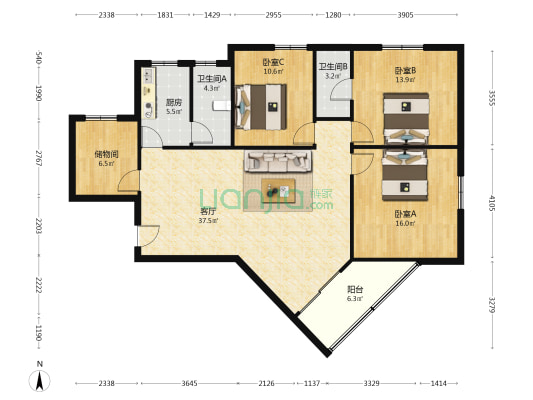 云山大厦 3室1厅2卫 134平方