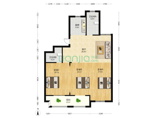 创业小区 3室1厅2卫 139平方