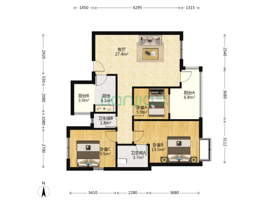 枫祥苑 3室1厅2卫 89平方