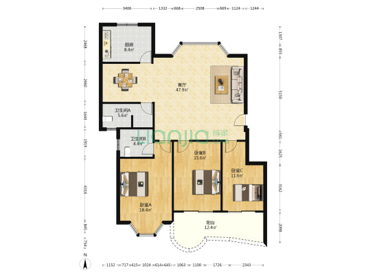 香杉花园 3室1厅2卫 147平方