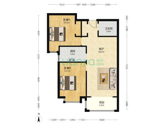 公园时代 2室1厅1卫 94平方