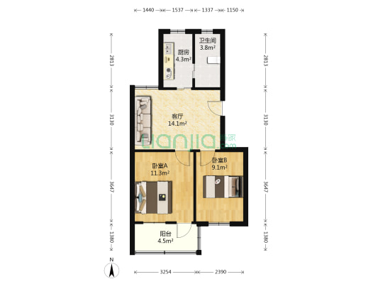 幸福苑社区 2室1厅1卫 61平方