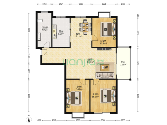 恒生城市花园 3室2厅1卫 147平方