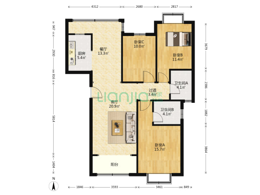 美庭苑 3室2厅2卫 127平方