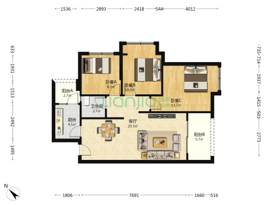 恒大银海湖一期 3室1厅1卫 88平方