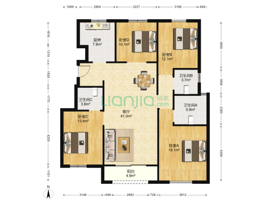新兴中心城 4室1厅3卫 140平方