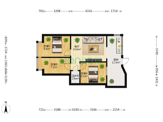 云南民族大学北院 3室1厅1卫 44平方