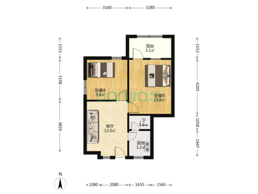 红旗北路 2室1厅1卫 57平方