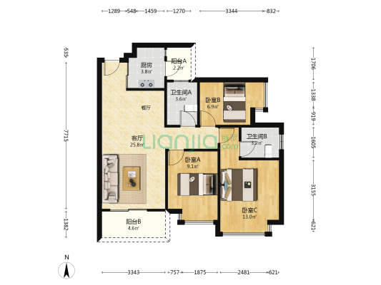 嘉辉豪庭四五期逸峯 3室1厅2卫 92平方