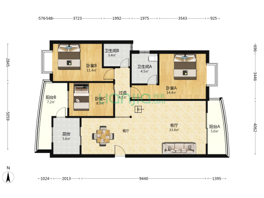 恒安新邻居 3室1厅2卫 117平方