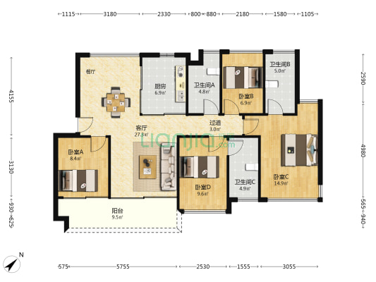 新澳海岸花园 4室1厅3卫 109平方