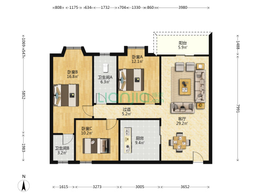 乐福居 3室1厅2卫 117平方