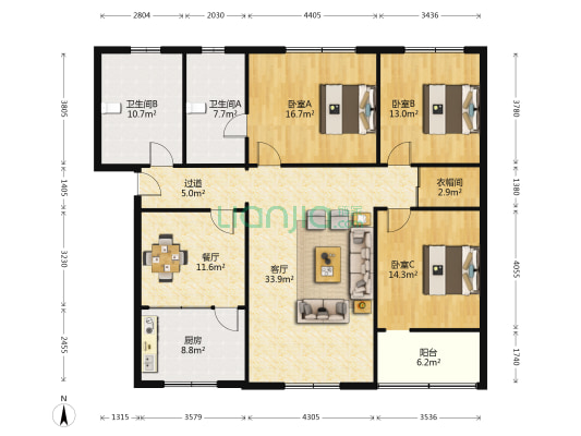 天赐苑 3室2厅2卫 164平方