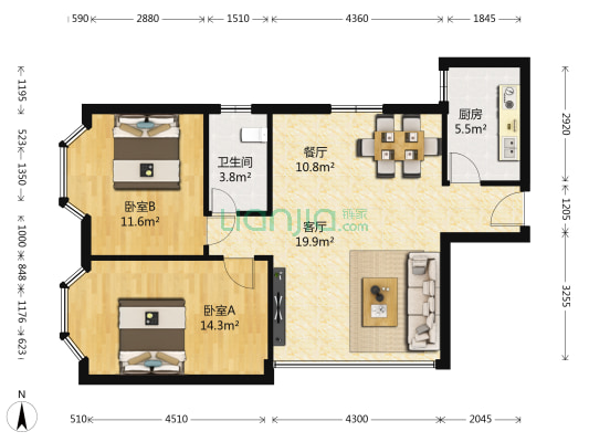御花园 2室2厅1卫 88平方