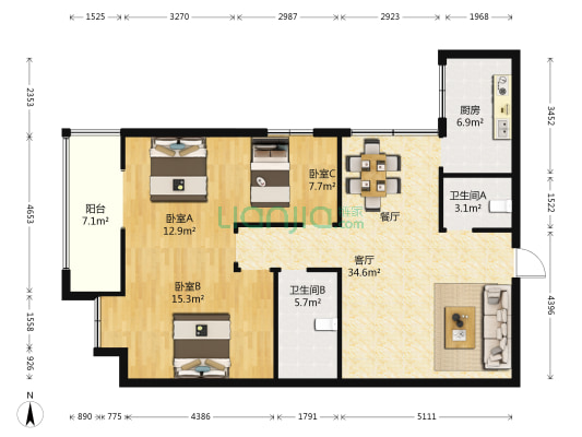 古楼银座 3室1厅2卫 112平方