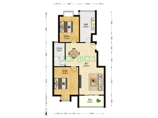 亚华新城邦茗苑 2室1厅1卫 88平方