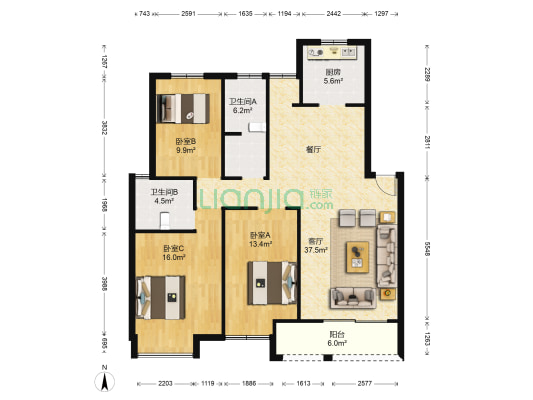 香江花城红枫苑 3室1厅2卫 114平方