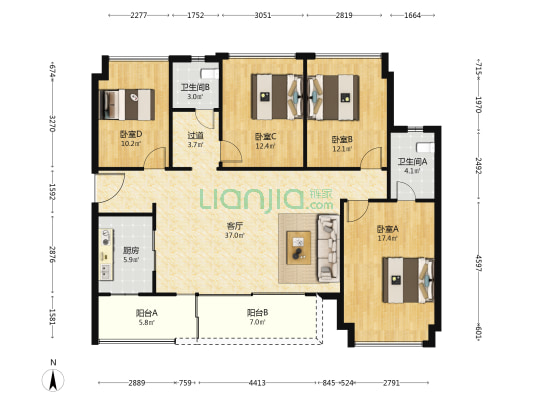 佳乐云锦阁 4室1厅2卫 140平方