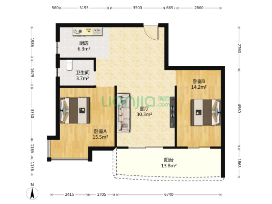乌江怡苑 2室1厅1卫 94平方