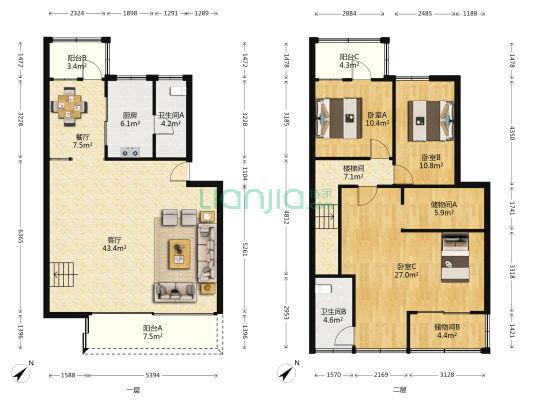 兆康楼 3室2厅2卫 148平方