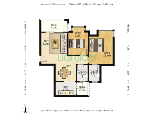 合富春语城 2室1厅2卫 78平方