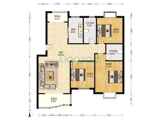 栖凤花园 3室1厅2卫 130平方