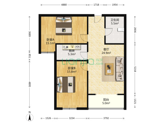 晨光花城 2室1厅1卫 90平方