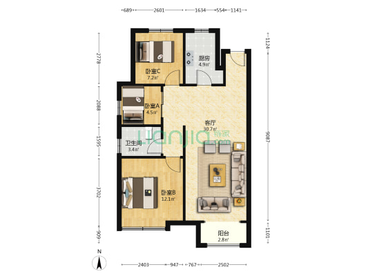 孔雀城逸园 3室1厅1卫 97平方