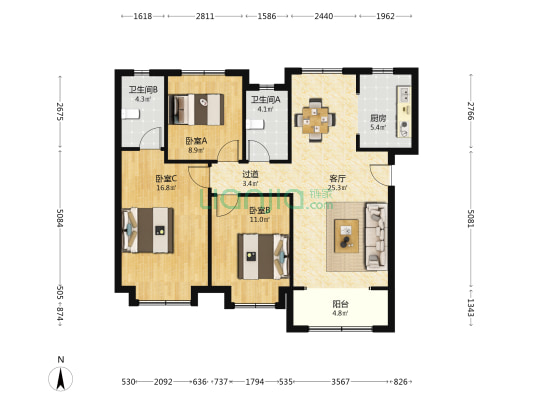 保利领秀山十区 3室1厅2卫 118平方