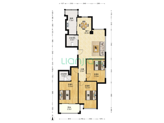 东方大楼 3室1厅2卫 136平方