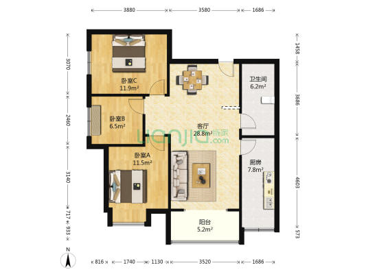 旭景兴园 3室1厅1卫 110平方