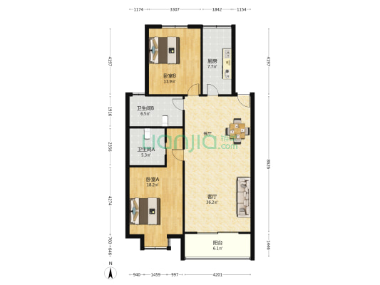 爱晨公寓 2室1厅2卫 110平方