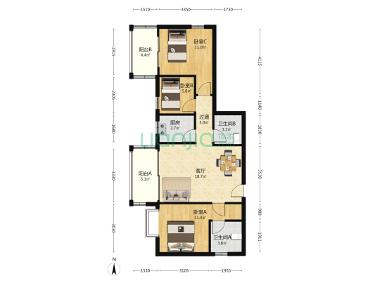 华曦大厦 3室1厅2卫 90平方