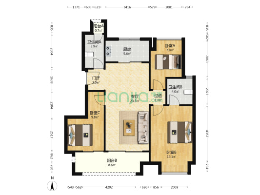 万科四季都会蓝茵 3室1厅2卫 101平方