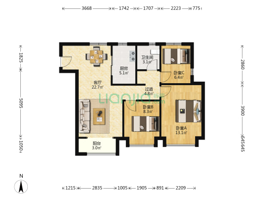 美的云熙府 3室1厅1卫 97平方