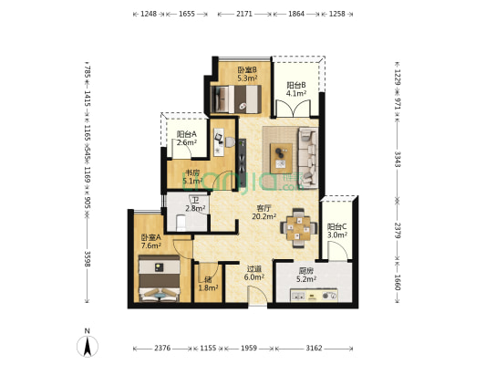 中粮鸿云 3室1厅1卫 82平方