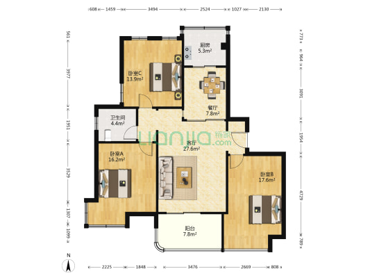 森兰公寓 3室2厅 125.47平米-户型图
