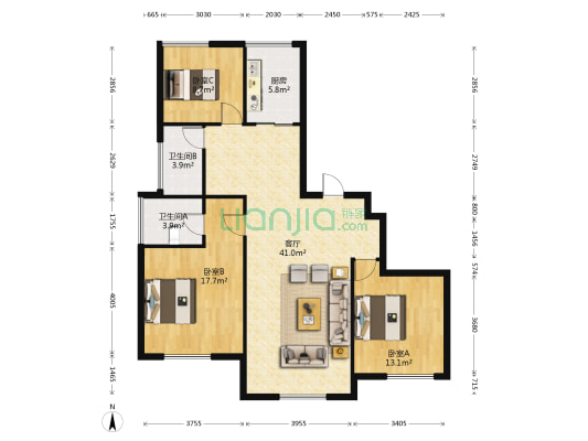 名江丽景花园A区 3室1厅2卫 131平方