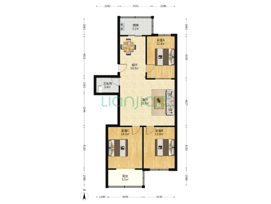 金泽苑 3室2厅1卫 107平方