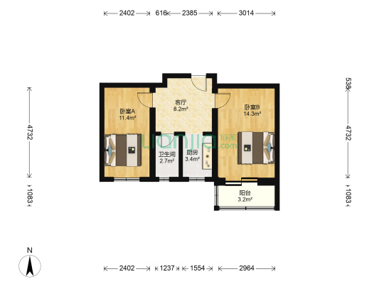 龙水路22号院 2室1厅1卫 58平方