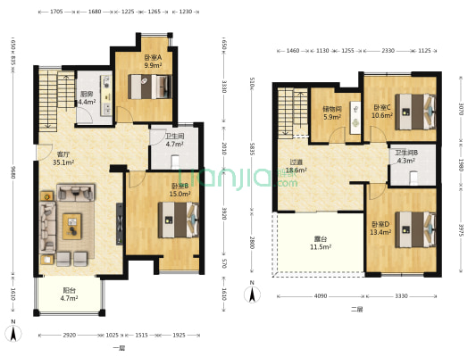 玫汉口北城A区 4室1厅2卫 86平方